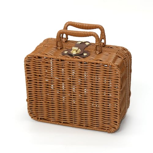 Mini Wicker Picnic Basket, Decorative Prop Suitcase Vintage Storage Hamper Makeup Organizer, 8.67" Metal Lock Plastic Rattan Storage Box with Handles for Sundries Travel Camping and Outdoor Party - color: Brown, size: Small