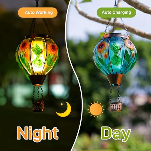 Hummingbird and Sunflower Solar Hot Air Balloon Lantern with Flame, Glass Hot Air Balloon Solar Lantern Outdoor Waterproof, Hanging Solar Lantern for Outside Garden Patio Tree Porch Yard - color: Green