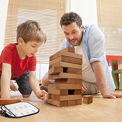 Juegoal 54 Pieces Giant Tumble Tower Blocks Game Giant Wood Stacking Game with 1 Dice Set, Gameboard, Canvas Bag for Adult, Kids, Family, Brown - color: Brown, size: Large