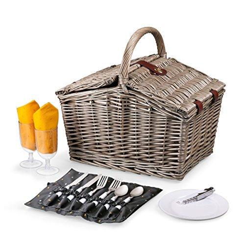 PICNIC TIME Piccadilly Picnic Basket for 2, Romantic Vintage English-Style Wooden Basket, Complete Deluxe Service for Two with Fully-lined Interior and Double-lid Design, (Anthology Collection) - color: Gray