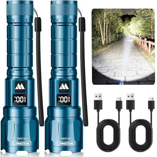 WdtPro LED Rechargeable Flashlight 2 Pack, 3 Modes Super Bright High Lumens Flashlights, Zoomable Tactical Flash Light with LCD Display, IP65 Waterproof Flashlights for Home Emergency Camping - Blue - color: Blue
