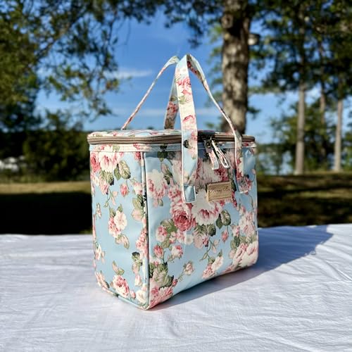 Kwang Min Floral Insulated Lunch Bag for Women,Reusable Lunch Box,Large Cooler for Office,Picnic Outdoors,Premium Waterproof Fabric,Unique Floral Lunch bag (Peony Blue) - color: Peony Blue
