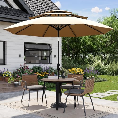 Garvee 10Ft 3-Tier Patio Umbrella, Outdoor Table Umbrella with Vents, Easy Crank and Push Button Tilt, Market Umbrella with 8 Sturdy Ribs for Pool, Deck, Yard, Garden -Tan - color: Tan, size: 10FT