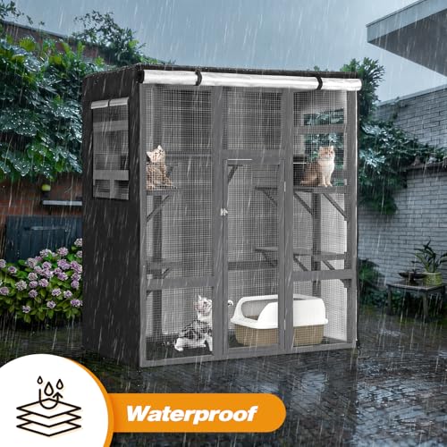 Catio Cover, 64" L x 34" W x 71" H Waterproof Cover for Outdoor Cat Enclosure, 420D Cat Cage Cover for Nyeekoy Catios, Black (Catio Not Included) - size: 64"L x 34"W x 71"H for Nyeekoy