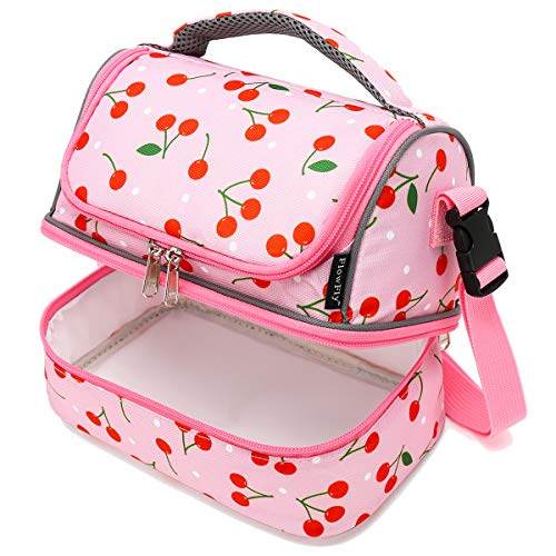 FlowFly Kids Double Decker Cooler Insulated Lunch Bag Large Tote for Boys, Girls, Men, Women, With Adjustable Strap, Cherry - color: Cherry