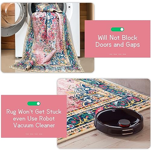 Boho Rug 3x5 Pink Small Area Rug Washable Vintage Rug for Kitchen Living Room Bedroom Bathroom Office Low Pile Non Slip Indoor Floor Carpet - color: A#pink, size: 3' x 5' (Rectangular)