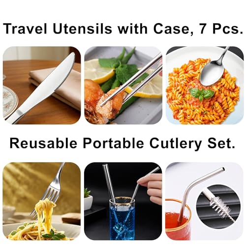 Travel Utensils with Case, Cutlery Set Portable Camp Reusable Flatware Silverware, 7 Pcs Stainless Steel Reusable Cutlery Set, Include Fork, Spoon, Knife, Chopsticks, 2 x Straws & Straw Cleaner Brush - color: Blue