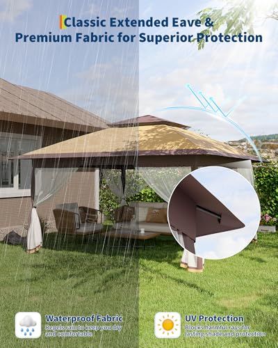 Garvee 13x13FT Pop Up Gazebo with Mosquito Netting, Outdoor Canopy Tent Easy Setup for Backyard Patio Garden Deck, Khaki & Coffee - color: Khaki, size: 13FT
