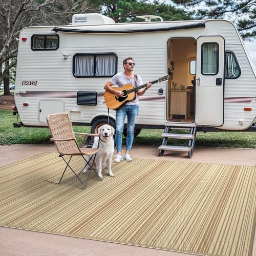 GENIMO Outdoor Rug 9x12 ft Waterproof, Reversible Plastic Straw Patio Rug for RV Camping Mat, Deck, Backyard Balcony Mat - Lightweight & Easy to Clean, CoffeeBeige - color: Coffeebeige, size: 9' x 12' (Rectangular)