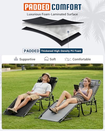 KingCamp Oversized Tanning Chair, Extra-Wide Padded Folding Chase Lounge Chairs Portable Adjustable 5-Position 440lbs Heavy Duty Lounger with Double-Layer Oxford for Outdoor Beach Patio Sun Pool Black - color: Pro-black-1 Pack