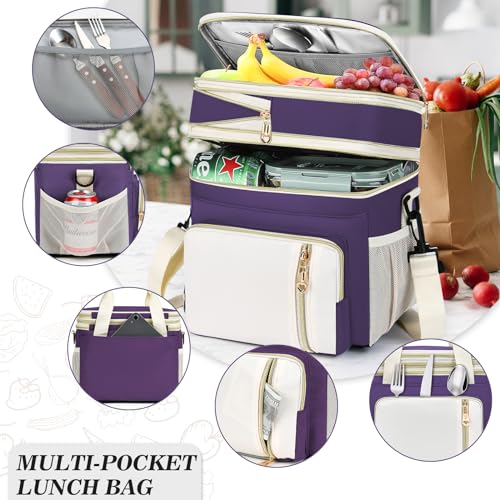 Lunch Box & Lunch Bag for Women, Large Insulated Adult Lunch Box Leakproof Lunchbox Cooler Bag for Work Picnic Beach,16L, Purple & White - color: Deep Purple