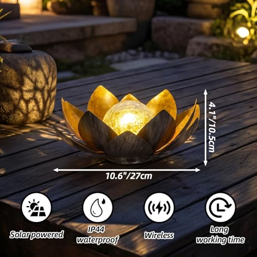 MEBRUDY Solar Lights Outdoor Garden Decor, Bright Globe Glass Lotus Flower Lamp, IP44 Waterproof Gold Metal Lotus LED Lights for Patio, Yard, Lawn, Tabletop Outside Decor, Garden Gifts for Mom Women - color: Gold