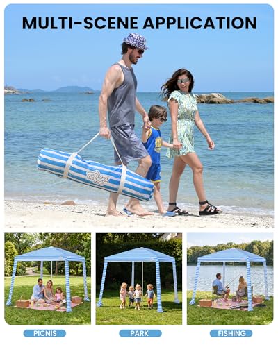 Qipi Beach Cabanas for Sand, Beach Canopy with Sandbags & Side Wall for Family, Easy Set Up Sun Shelter, UPF 50+ UV Protection with Roof Vent - color: 8' x 8' Blue Stripes Dual-Fold