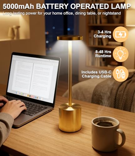 Swinerton Cordless Table Lamp Set of 2, Gold 5000mAh Rechargeable Battery Operated Lamps, Wireless 3 Color Dimmable Touch Lamp Table Light for Restaurant Dining Patio Outdoor, Home Decor - color: Gold (Set of 2)