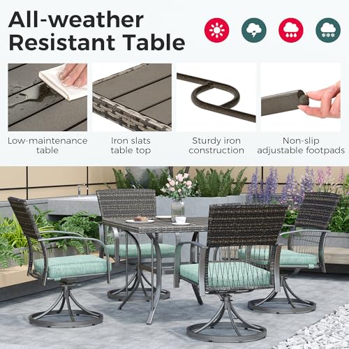 Pamapic 5-Piece Outdoor Dining Set with Swivel Chairs, Rattan Patio Furniture for Backyard, Deck, Garden, Weather-Resistant Iron Slats Table & 4 Chairs with Removable Cushions (Green)