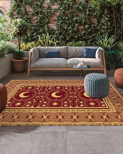 Outdoor Rug, Vintage Yellow Moon Star Indoor Area Rug Outdoor Carpet RV Camping Rugs 4x6ft Boho Traditional Style Outside Mat for Patio Picnic Porch Deck Balcony Backyard - size: 4' x 6' (Rectangular)