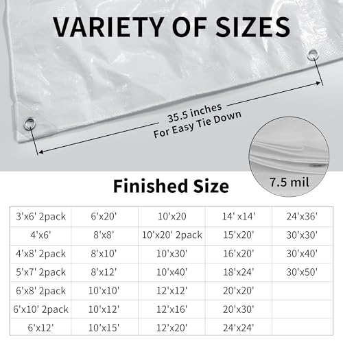 TARPAL 4'x6' White Tarp Waterproof 7.5 mil Medium Duty All Purpose Poly Tarps Cover Waterproof,Snow Proof UV Protection,Rip and Tear Proof,Poly Tarpaulin - color: White-7.5mil, size: 4x6 Feet-Finished size