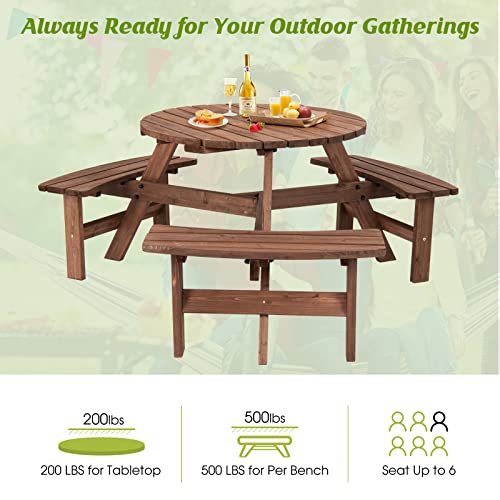 Giantex 6 Person Wooden Picnic Table Set with Wood Bench, with Umbrella Hold Design, Perfect for Outdoor Garden Yard Pub Beer Dining, Dark Brown - size: 67"L×67" W×27.5"