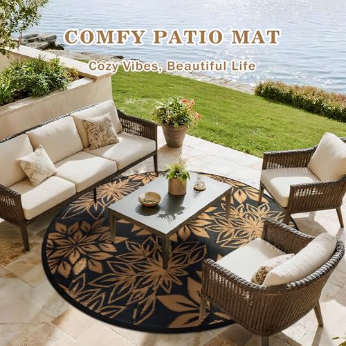 Round Outdoor Rug 6 Ft for Patio, Black & Brown Large Reversible Waterproof Plastic Carpet, Lightweight & Easy to Clean RV Camping Mat, Suitable for Deck, Picnic, Porch, Balcony and Beach - color: Black, size: 6' (Round)