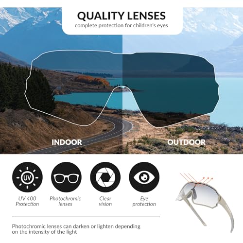 ROCKBROS Kids Photochromic Cycling Glasses, UV400 Clear to Dark Transition Sports Sunglasses for Youth Boys Girls Age 8-14 - color: Glossy Grey / Photochromic