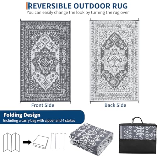 GarveeLife Waterproof Outdoor Rug 9x12 Reversible Patio Rugs Plastic Straw Mat, Large Vintage Medallion Carpet, Indoor Outdoor RV Mat for Deck, Balcony, Camping, Beach, Picnic, Grey and White - color: Medallion|grey&white, size: 9' x 12' (Rectangular)