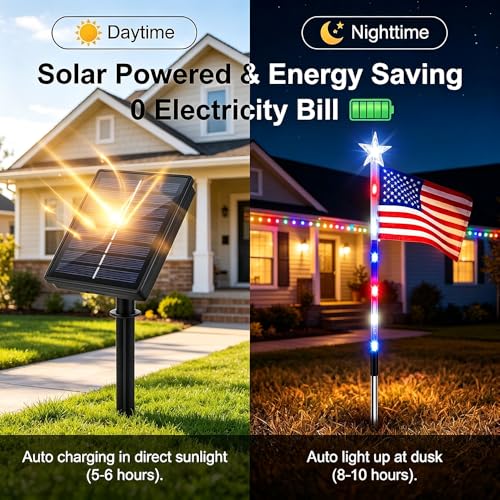 8 Piece Solar American Flag Pathway Lights, US Solar Flag Lights with 8 Lighting Modes, Patriotic Red White Blue Waterproof LED Outdoor Yard Garden Decorations for 4th of July (A) - color: A