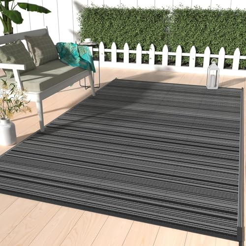 GENIMO Outdoor Rug 5x8 ft Waterproof, Reversible Plastic Straw Patio Rug for RV Camping Mat, Deck, Backyard Balcony Mat - Lightweight & Easy to Clean, BlackGray - color: Blackgray, size: 5' x 8' (Rectangular)