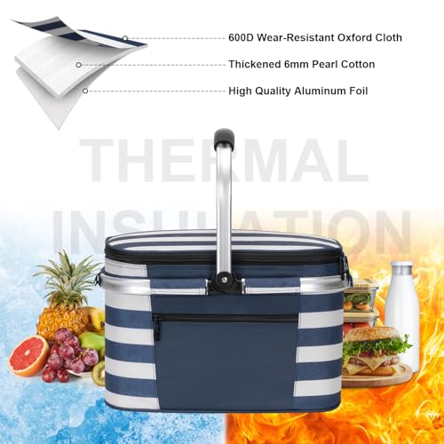 ALLCAMP Picnic Basket - Insulated Cooler, Thickening Foldable Picnic Basket with Removable Baskets & Sewn-in Frame, Basket for House Warming Gifts New Home(Blue White) - color: Blue White, size: Medium