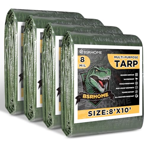 Tarps Waterproof 8x10 Feet, 4 Pack Heavy Duty Green Tarp Cover 8 Mil Thick, Resistant Plastic Tarpaulin with Metal Grommets, Outdoor Tent Cover for Emergency Rain - color: Green-8mil, size: 8'x10' 4pk