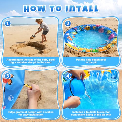 4.9 X 4.9 Feet Baby Beach Pool, Waterproof Beach Pool Blanket for Toddler, 2 in 1 Toddler Paddling Pool with Carrying Bag, Collapsible Beach Puddle Mat for Boys Girls Kids Infant Outdoor Beach Toys - color: Blue-3