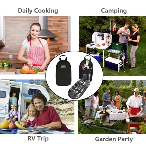 Camp Kitchen Utensil Organizer Travel Set Portable BBQ Camping Cookware Stainless Steel Utensils Travel Kit Outdoor Equipment Cutting Board Tongs Scissors Knife Ladle Spatula - color: New Version Black