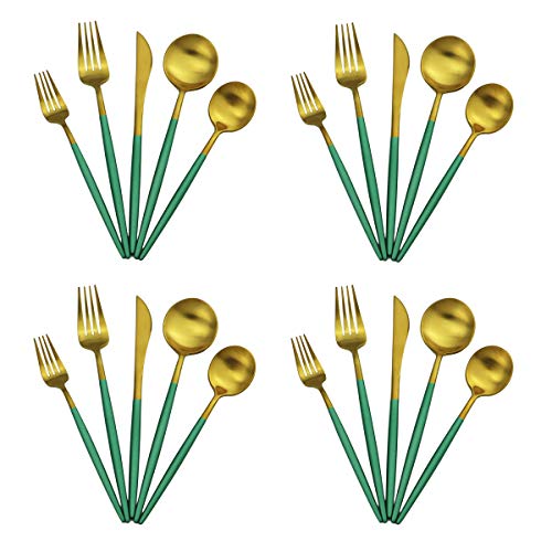 20-Piece 18/10 Stainless Steel Flatware Silverware, Luxury Dinnerware Set Travel Cutlery Tableware Include Knife Fork Spoon Service for 4, Dishwasher Safe (Green Handle Matte Gold) - color: Green Handle Gold, size: Service for 4