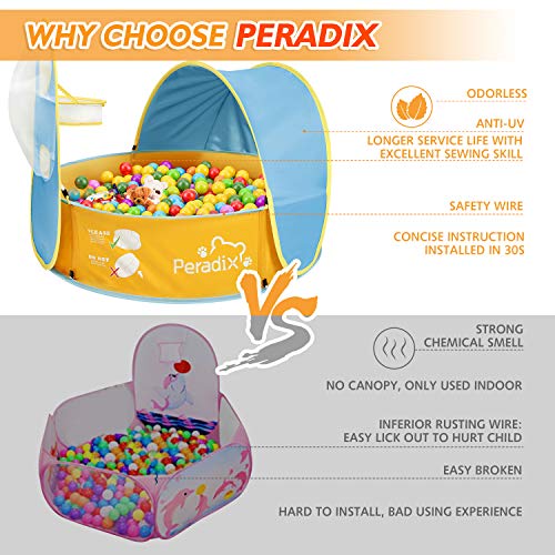 Peradix Paddling Pool for Kids & Pets, Kids Ball Pit Tent 3 in 1, Pop Up Wading Pool Tent with UV Protection Sunshade Canopy Basketball Hoop, Portable Beach Backyard Toys for Indoor Outdoor Activity - color: Blue-yellow