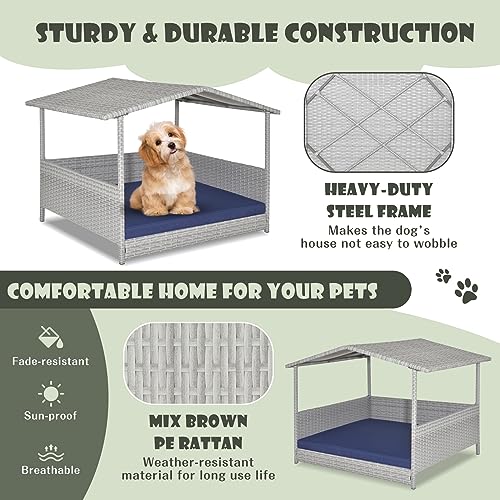 Giantex Wicker Dog House, Raised Rattan Dog Bed with Waterproof Roof, Washable Cushion Cover, Steel Frame, Indoor Outdoor Elevated Dog Bed Pet House for Small Medium Dogs Cats, Easy Assembly - style: Light Gray House & Navy Cushion