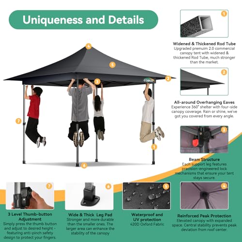 COBIZI 13x13 Pop Up Canopy Tent Heavy Duty with Sidewalls & Auto-Extending Eaves Outdoor Gazebo Easy Up for Backyard Party Commercial Events, All Weather Waterproof UV 50+ (Leg Upgraded) Gray - color: Gray, size: 13x13ft