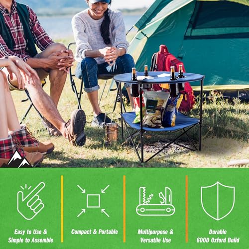 Wakeman Camp Table - Round 2-Tier Folding Table with 4 Cupholders and Carrying Bag - for Camping, Beach, Picnic, Sporting Events, and More Outdoors,Blue - color: Blue