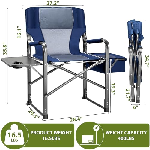 Fenbeli Oversized Folding Director Chair with Side Table and Cooler Bag - Portable Camping Chair with Cup Holder, Padded Armrests, 400LBS Capacity for Outdoor Camping, Lawn, Picnic (Blue) - color: Blue