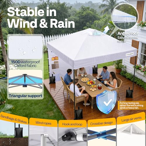 VIVOHOME 10x10ft Pop Up Canopy Tent with Sidewall and 6 Pockets, One Push Setup Outdoor Portable Shelter Tent Heavy Duty with Wheel Carry Bag and 4 Sandbags, White - color: White