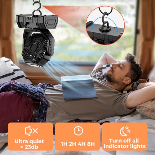 Camping Fan - 20000mAh Battery Powered Fan Rechargeable with LED Lantern - Portable Outdoor Tent Fans with Hanging Hook 4 Speeds Wind Remote Control, Black - color: Black