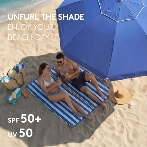 PASAMIC 7ft Beach Umbrella for Sand with Sand Anchor & Tilt, UPF 50+ Protection Beach Umbrellas for Heavy Duty Wind Portable with Carry Bag and Hook, for Patio Garden Pool, Dark Blue - color: Dark Blue, size: 7FT