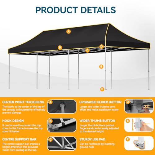 Hoteel 10x30 Pop Up Canopy Tent Heavy Duty Without Sidewalls, Waterproof Party Tent, Easy Set-up Commercial Instant Tents with Roller Bag & Sandbags, Hexagonal Leg (1-Year Warranty) - color: Black, size: 10×30 （no Walls）