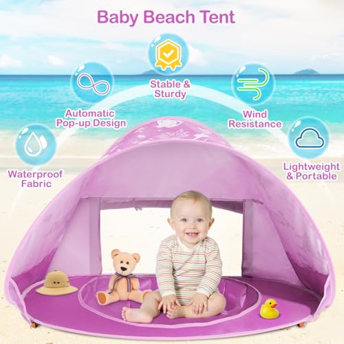 Baby Beach Tent, Pop Up Beach Tent Sun Shade for Beach, Portable Shade Pool UV Protection Sun Shelter for Infant with Beach Sand Toys Set - color: Patterned Pink