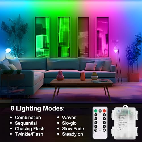 echosari 9.8FT 90Led RGB Strip Lights Battery Powered Remote Control, 8 Modes, Dimmable, Timer, Self-Adhesive, Cuttable, Waterproof, for TV Computer Monitor/Screen Decor - color: Multicolor, size: 9.8Ft