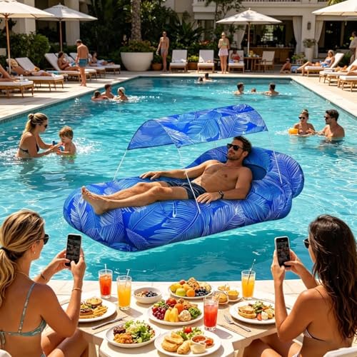 Inflatable Air Lounger, Pool Air Sofa with Sun Shade, No-Pump Blow Up Couch for Outdoor Camping, Hiking, Picnic, Vacation, Backyard, Seaside