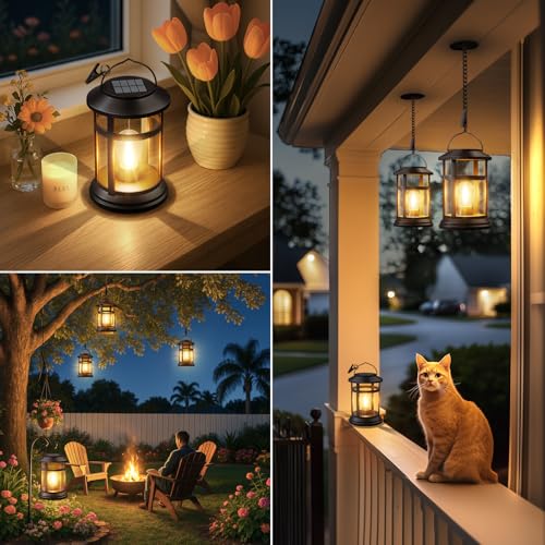 Solar Lanterns Outdoor Waterproof: 4 Pack Hanging Solar Lights for Outside Patio Porch Garden Tabletop Decor - Bright LED Warm White Solar Powered Lighting - Unique Gardening Lovers Mom Gifts - size: 4 Pack