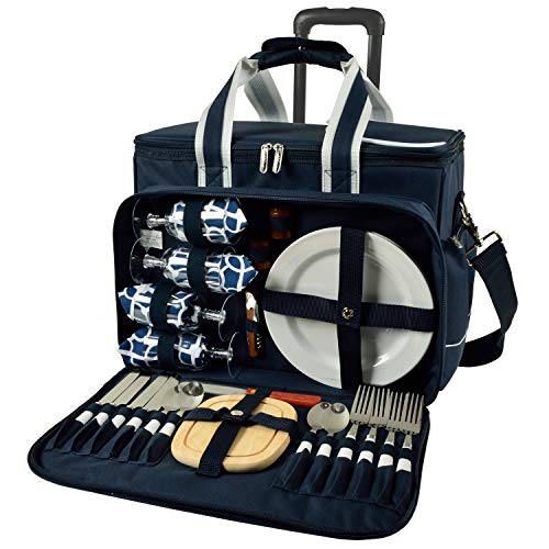 Picnic at Ascot- Original Insulated Picnic Cooler on Wheels with Service for 4- Designed & Assembled in The USA - color: Navy/Trellis Blue