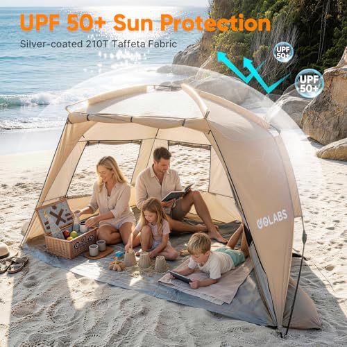 Golabs BT1 Pop up Beach Tent Sun Shelter for 3-Person, 1-Minute Setup by Pre-Attached Pole & UPF 50+, Beach Shade with Detachable Floor Mat, Mesh for Clear View & Airflow, only 7 lbs & Pocket and Hook - color: CAMEL