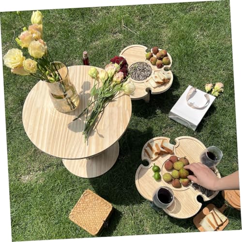 Portable Folding Beach Table for Outdoor Picnic and Camping, Wood Wine Desk with Wine Holder Tray, 35cm Diameter Portable Beverage Table for Patio and Lawn Use