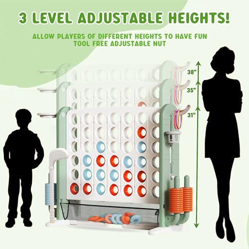 Wdmiya Giant 4 Outdoor Game Set, 4-in-1 Height Adjustable Jumbo 4-in-a-Row Game with Ring Toss, Basketball Hoop & Golf, Backyard Games for Kids & Adults, Includes Mesh Pocket (Upgrade Green) - color: Upgrade Green