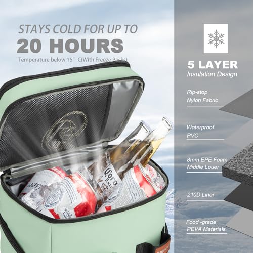 BAGPARKK Insulated Cooler Backpack,33/45 Cans Multifunctional Double Deck Leakproof Cooler Bag with Sternum Strap,Large Capacity Lightweight Travel Camping Beach Backpack - color: Mint Green, size: 33Can